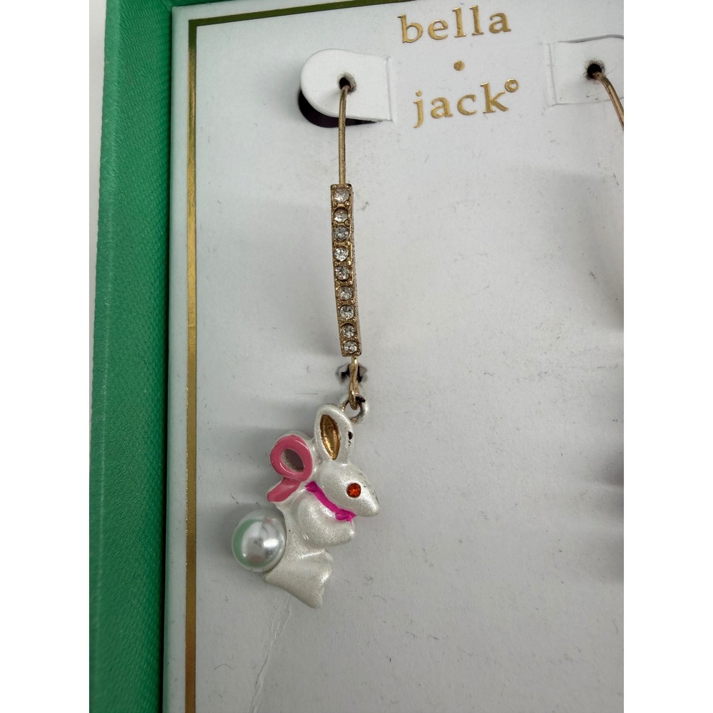 Bella Jack Easter Bunny Rabbit Drop Earrings Gold Tone Crystal Enamel Pearl New - Picture 2 of 3